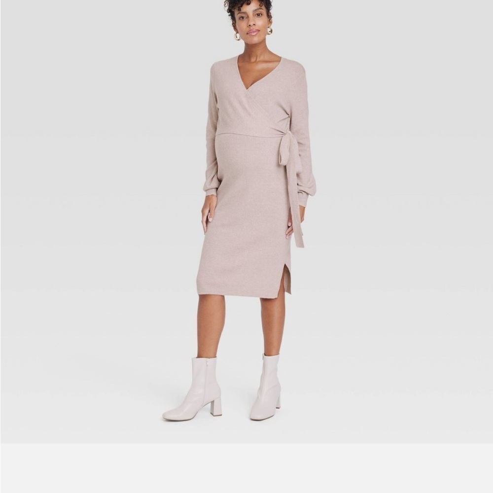 Taupe Long Sleeve Tie-Front Maternity Dress